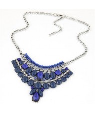 Resin Gems Mingled Fan-shaped Flower Theme Pendant Costume Fashion Necklace - Blue