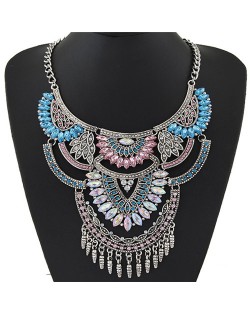 Shining Gems Combined Lotus Flowers Bold Fashion Design Silver Costume Necklace - Multicolor Gem