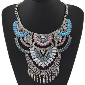 Shining Gems Combined Lotus Flowers Bold Fashion Design Silver Costume Necklace - Multicolor Gem