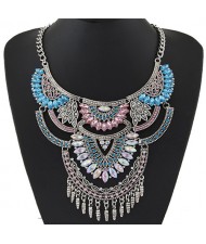 Shining Gems Combined Lotus Flowers Bold Fashion Design Silver Costume Necklace - Multicolor Gem