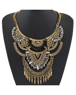 Shining Gems Combined Lotus Flowers Bold Fashion Design Golden Costume Necklace - Black and Transparent Gem