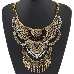 Shining Gems Combined Lotus Flowers Bold Fashion Design Golden Costume Necklace - Black and Transparent Gem