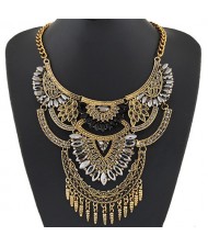 Shining Gems Combined Lotus Flowers Bold Fashion Design Golden Costume Necklace - Black and Transparent Gem