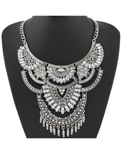 Shining Gems Combined Lotus Flowers Bold Fashion Design Silver Costume Necklace - Transparent Gem