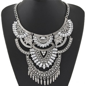 Shining Gems Combined Lotus Flowers Bold Fashion Design Silver Costume Necklace - Transparent Gem