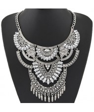 Shining Gems Combined Lotus Flowers Bold Fashion Design Silver Costume Necklace - Transparent Gem