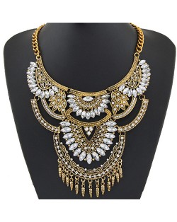 Shining Gems Combined Lotus Flowers Bold Fashion Design Golden Costume Necklace - Transparent Gem