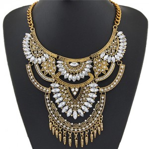 Shining Gems Combined Lotus Flowers Bold Fashion Design Golden Costume Necklace - Transparent Gem