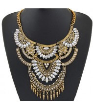 Shining Gems Combined Lotus Flowers Bold Fashion Design Golden Costume Necklace - Transparent Gem
