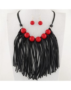 Candy Color Balls Decorated Leather Tassel Design Fashion Necklace and Earrings Set - Red