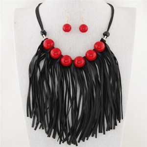 Candy Color Balls Decorated Leather Tassel Design Fashion Necklace and Earrings Set - Red