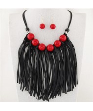 Candy Color Balls Decorated Leather Tassel Design Fashion Necklace and Earrings Set - Red