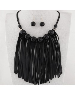 Candy Color Balls Decorated Leather Tassel Design Fashion Necklace and Earrings Set - Black