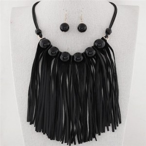 Candy Color Balls Decorated Leather Tassel Design Fashion Necklace and Earrings Set - Black