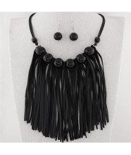 Candy Color Balls Decorated Leather Tassel Design Fashion Necklace and Earrings Set - Black