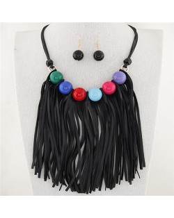 Candy Color Balls Decorated Leather Tassel Design Fashion Necklace and Earrings Set - Multicolor