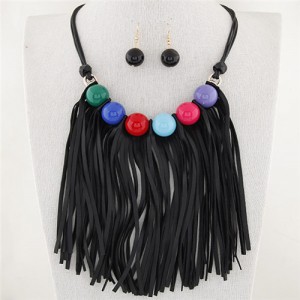 Candy Color Balls Decorated Leather Tassel Design Fashion Necklace and Earrings Set - Multicolor