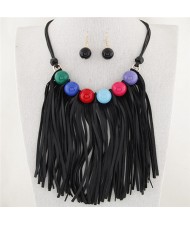 Candy Color Balls Decorated Leather Tassel Design Fashion Necklace and Earrings Set - Multicolor