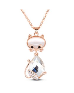 Loverly Rhinestone Decorated Glass Gem Cat Pendant Golden Fashion Necklace - Transparent
