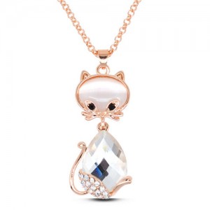 Loverly Rhinestone Decorated Glass Gem Cat Pendant Golden Fashion Necklace - Transparent