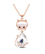 Loverly Rhinestone Decorated Glass Gem Cat Pendant Golden Fashion Necklace - Transparent