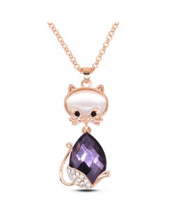Loverly Rhinestone Decorated Glass Gem Cat Pendant Golden Fashion Necklace - Purple