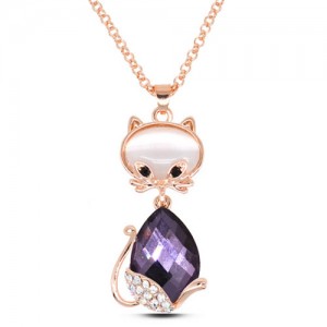 Loverly Rhinestone Decorated Glass Gem Cat Pendant Golden Fashion Necklace - Purple