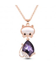 Loverly Rhinestone Decorated Glass Gem Cat Pendant Golden Fashion Necklace - Purple
