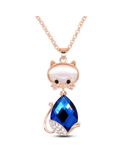 Loverly Rhinestone Decorated Glass Gem Cat Pendant Golden Fashion Necklace - Blue