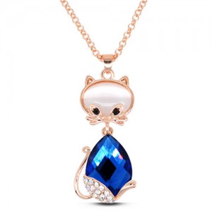 Loverly Rhinestone Decorated Glass Gem Cat Pendant Golden Fashion Necklace - Blue