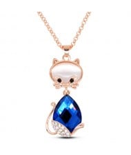Loverly Rhinestone Decorated Glass Gem Cat Pendant Golden Fashion Necklace - Blue