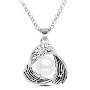 Pearl Centered Revolving Triangle Pendant Alloy Fashion Necklace - Silver
