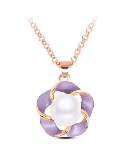 Pearl Inlaid Golden Rimmed Spot Oil Glazed Flower Pendant Fashion Necklace - Purple