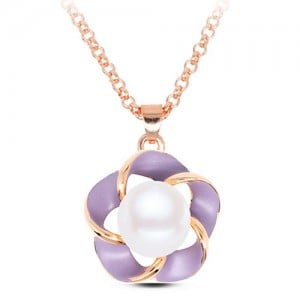 Pearl Inlaid Golden Rimmed Spot Oil Glazed Flower Pendant Fashion Necklace - Purple