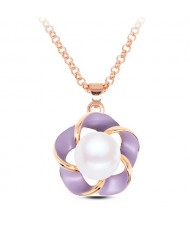 Pearl Inlaid Golden Rimmed Spot Oil Glazed Flower Pendant Fashion Necklace - Purple