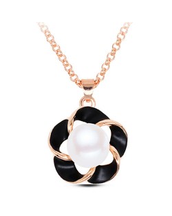 Pearl Inlaid Golden Rimmed Spot Oil Glazed Flower Pendant Fashion Necklace - Black