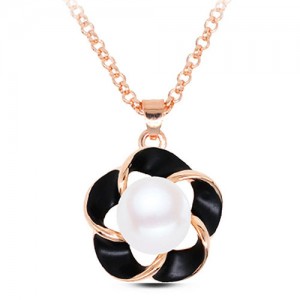 Pearl Inlaid Golden Rimmed Spot Oil Glazed Flower Pendant Fashion Necklace - Black