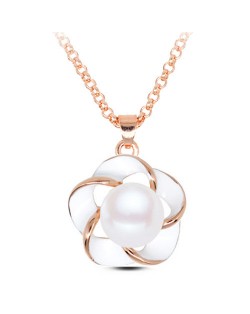 Pearl Inlaid Golden Rimmed Spot Oil Glazed Flower Pendant Fashion Necklace - White