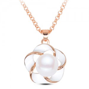 Pearl Inlaid Golden Rimmed Spot Oil Glazed Flower Pendant Fashion Necklace - White