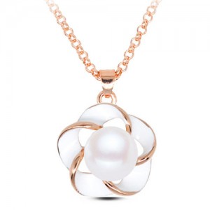 Pearl Inlaid Golden Rimmed Spot Oil Glazed Flower Pendant Fashion Necklace - White