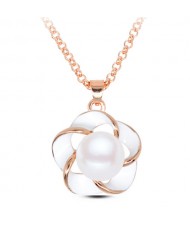 Pearl Inlaid Golden Rimmed Spot Oil Glazed Flower Pendant Fashion Necklace - White