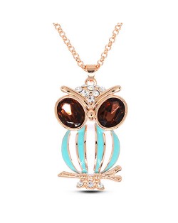 Rhinestone and Purple Gem Inlaid Eye Spot Oil Glazed Night Owl Pendant Golden Fashion Necklace - Teal