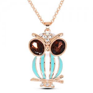 Rhinestone and Purple Gem Inlaid Eye Spot Oil Glazed Night Owl Pendant Golden Fashion Necklace - Teal