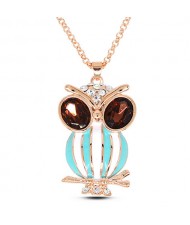 Rhinestone and Purple Gem Inlaid Eye Spot Oil Glazed Night Owl Pendant Golden Fashion Necklace - Teal