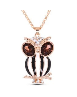 Rhinestone and Purple Gem Inlaid Eye Spot Oil Glazed Night Owl Pendant Golden Fashion Necklace - Black and White