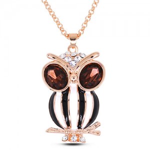 Rhinestone and Purple Gem Inlaid Eye Spot Oil Glazed Night Owl Pendant Golden Fashion Necklace - Black and White