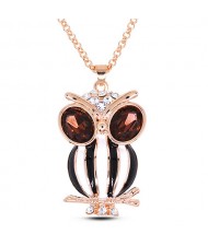 Rhinestone and Purple Gem Inlaid Eye Spot Oil Glazed Night Owl Pendant Golden Fashion Necklace - Black and White