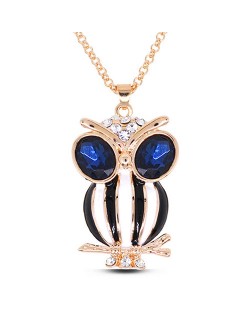 Rhinestone and Ink Blue Gem Inlaid Eye Spot Oil Glazed Night Owl Pendant Golden Fashion Necklace - Black and White