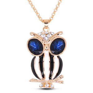 Rhinestone and Ink Blue Gem Inlaid Eye Spot Oil Glazed Night Owl Pendant Golden Fashion Necklace - Black and White