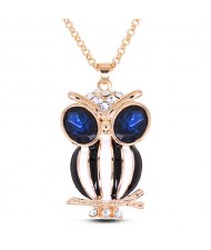 Rhinestone and Ink Blue Gem Inlaid Eye Spot Oil Glazed Night Owl Pendant Golden Fashion Necklace - Black and White